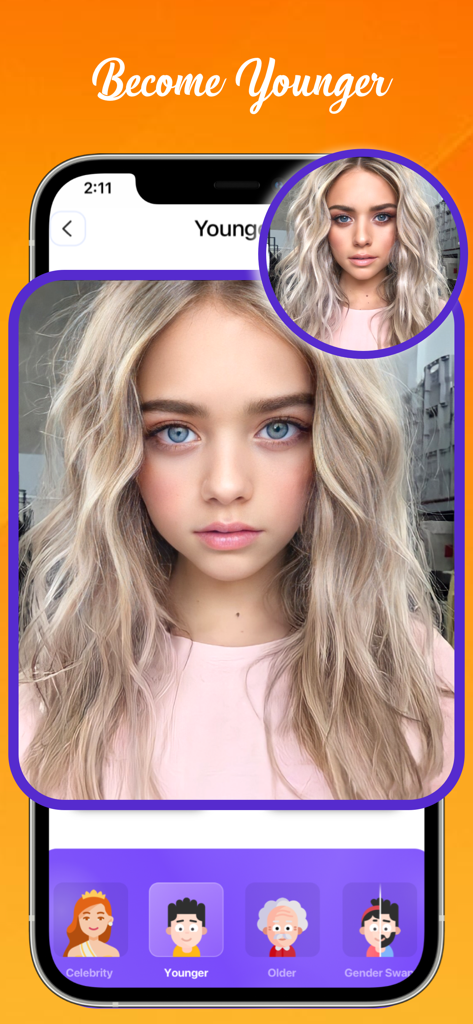 How Will I Look When Im Older - Mobile app screen showing the young effect AI filter transforming an adult face into a younger version