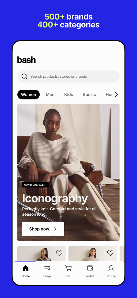 Pantalla de inicio de la app de compras bash mostrando categorías de moda y un banner de marca destacada.