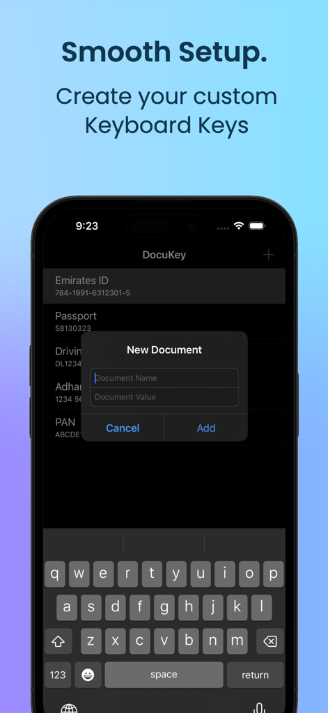 Paste : Copy keyboard - Interface for creating custom keyboard keys for document information in the Paste Copy keyboard app.