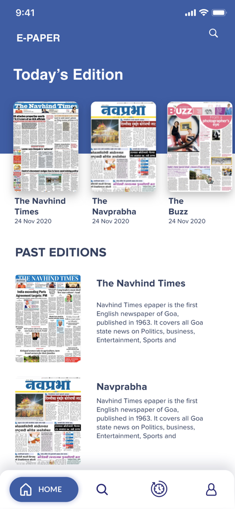 Home screen of the Navhind Times Navprabha ePaper app showing daily editions of Goan newspapers.