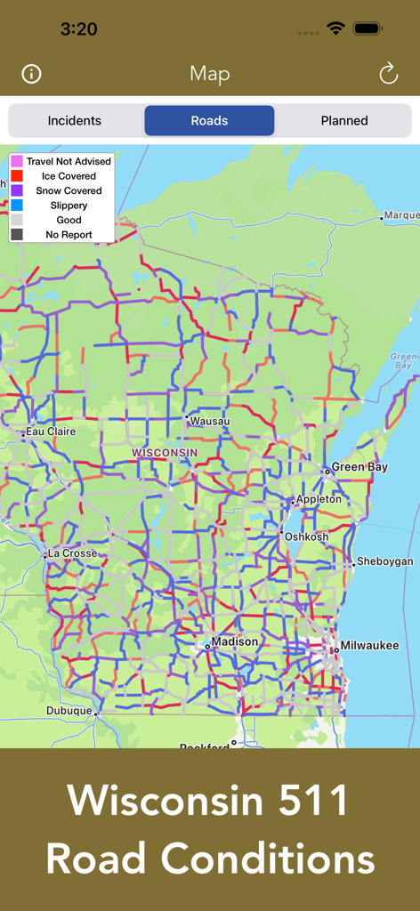 Interactive map showing real-time winter road conditions across Wisconsin