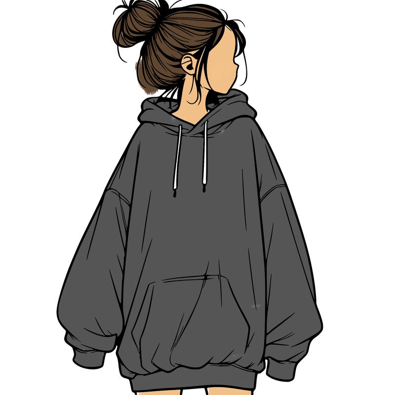 realistic girl with a oversized sweatshirt on and a bun