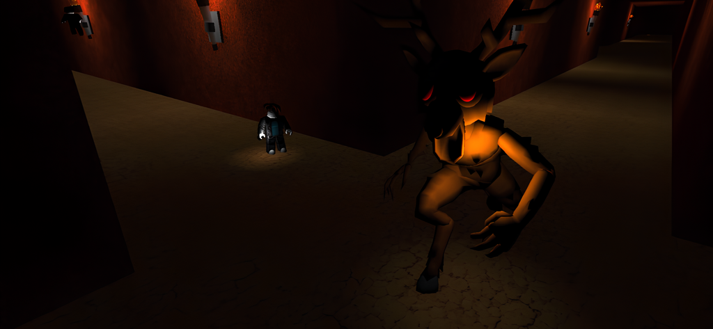 99 nights in the Scary forest - Un aterrador ciervo mutante con ojos rojos brillantes persiguiendo a un personaje en un pasillo oscuro