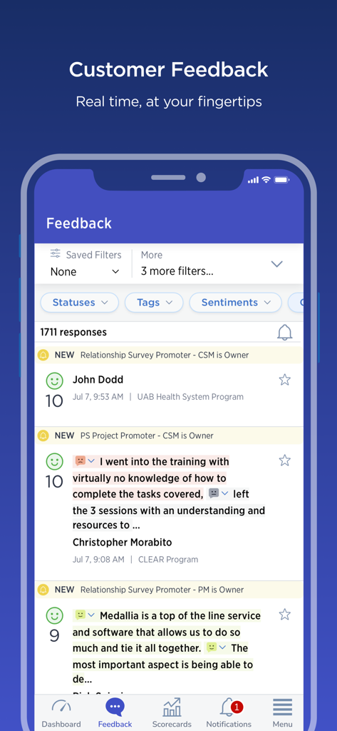 Medallia Mobile app interface showing a real-time list of customer feedback responses with ratings and comments.