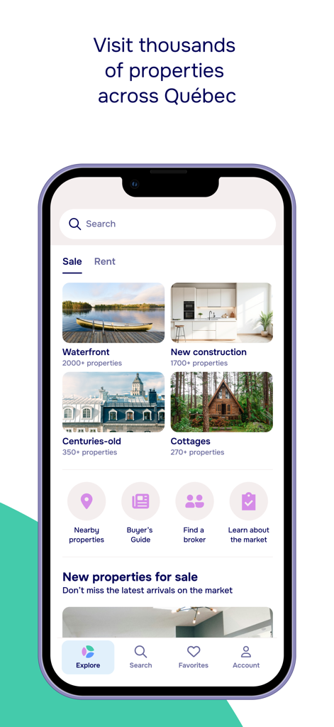 Centris real estate app home screen showing property categories for sale in Quebec
