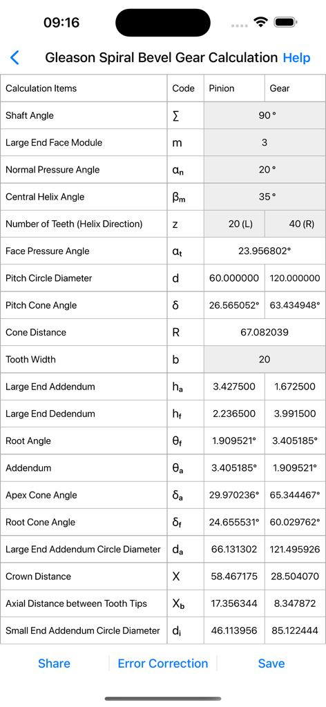 Gleason spiral bevel gear calculation parameters for pinion and gear in Gear Calculator Pro.