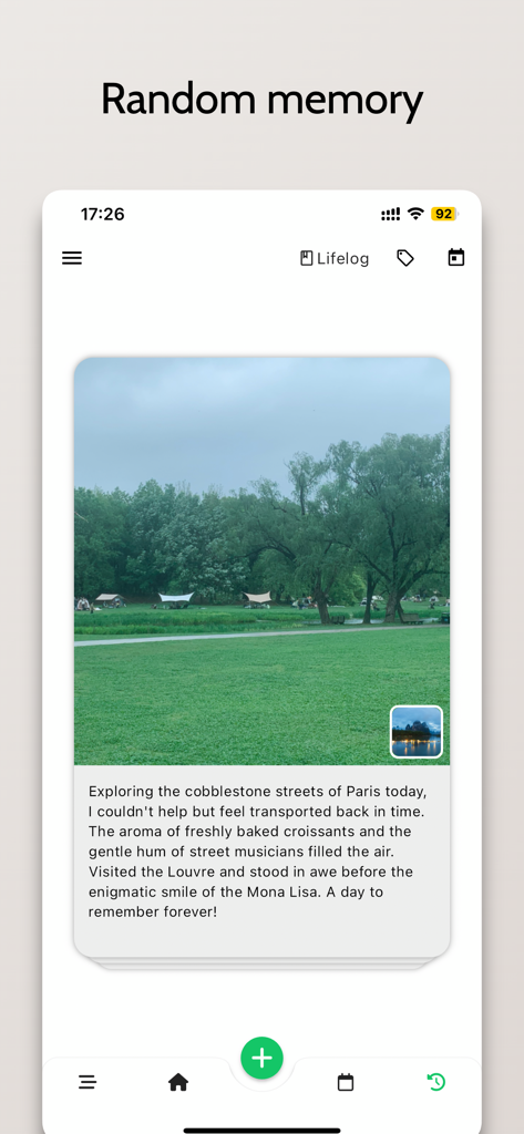 Lifelog Note - Interfaz de la aplicación Lifelog Note que muestra una entrada de recuerdo aleatorio con una foto de naturaleza y texto de diario de viaje sobre París