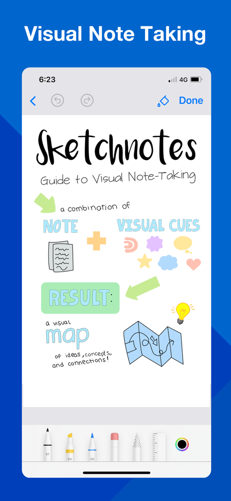 SketchNote, Visual Note Taking - Interface of the SketchNote app showing a visual note with handwritten text and various icons