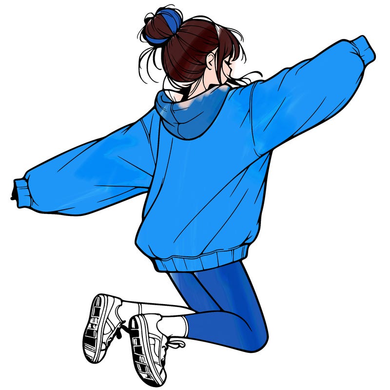 realistic girl jumping with a bun and oversized sweatshirt