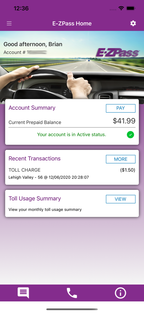 PA Toll Pay - PA Toll Pay app home screen showing E-ZPass account balance and recent transactions