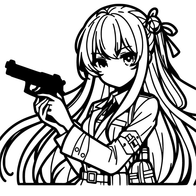 anime girl with long hair holding a gun