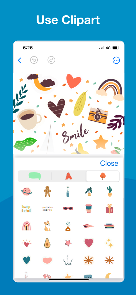 Mobile app interface showing a diverse library of colorful stickers and clipart for visual note taking