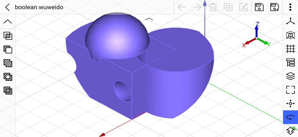 CAD 3D Modeling - Wuweido - グリッド上でブーリアン演算が施された3D紫色のジオメトリモデルを表示するWuweidoモバイルアプリのインターフェース