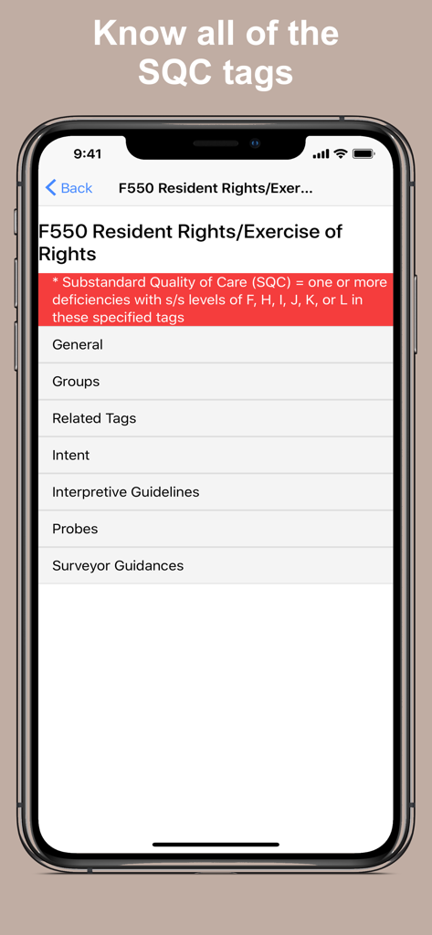 LTC SOM Regs - LTC SOM Regs app screen showing F550 Resident Rights and SQC tag information