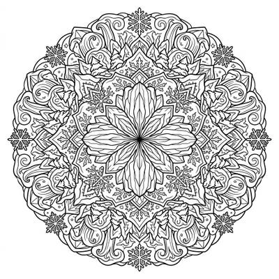 This exquisite mandala coloring page combines the grandeur of massive glaciers with the serene beauty of a winter wonderland. Its intricate design features symmetrical patterns of snowy landscapes, delicate snowflakes, and icy formations, inviting a truly immersive coloring experience.