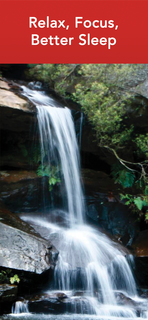 White Noise HQ: sound machine - Serene waterfall in a forest with text saying Relax, Focus, Better Sleep