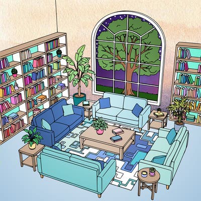 a cozy living room with bookshelves, plants, tables, couches, a big window with a tree outside