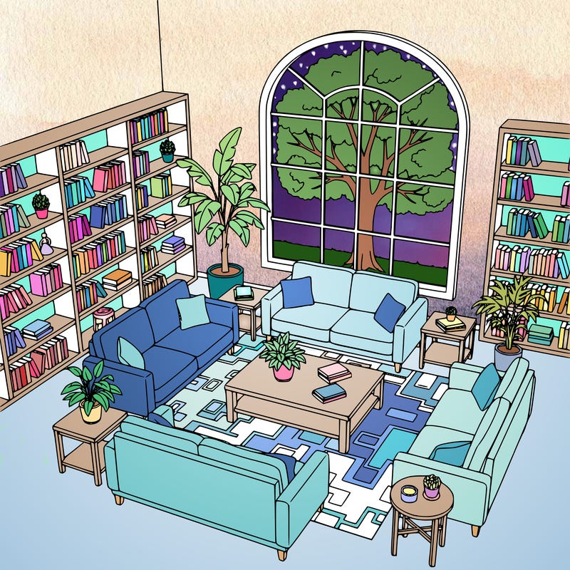 a cozy living room with bookshelves, plants, tables, couches, a big window with a tree outside
