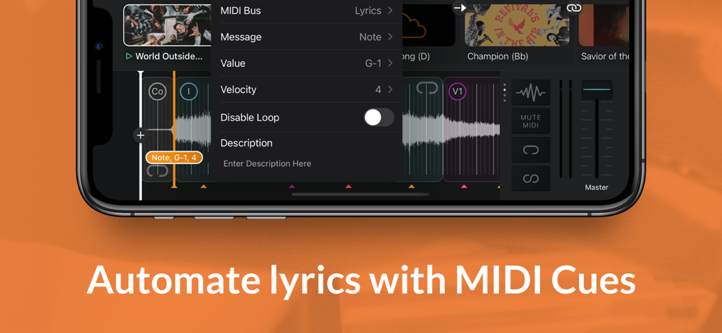 Interfaccia dell'app Playback che mostra il menu per automatizzare i testi con segnali MIDI