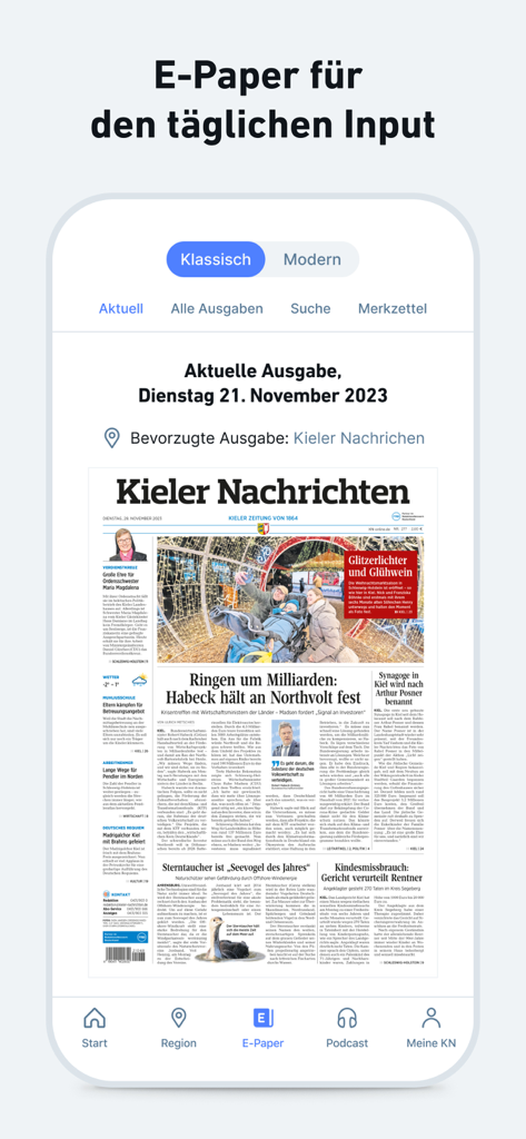 Affichage du journal numérique dans l'application mobile Kieler Nachrichten