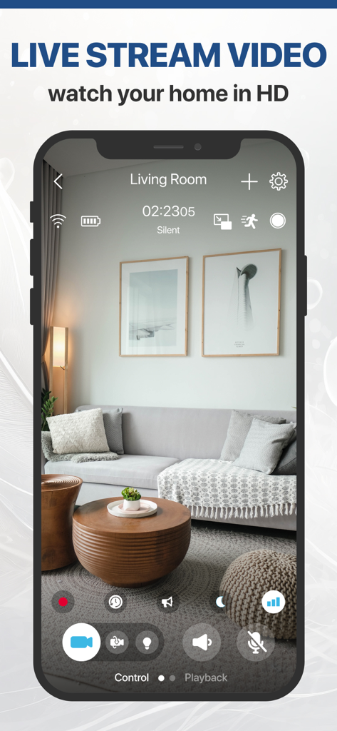 ZoomOn Home Security Camera - iPhone displaying a high definition live video feed of a living room on the ZoomOn app