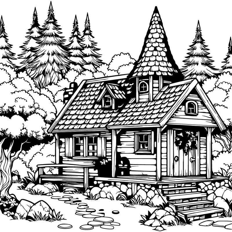 realistic witches cabin in a forest