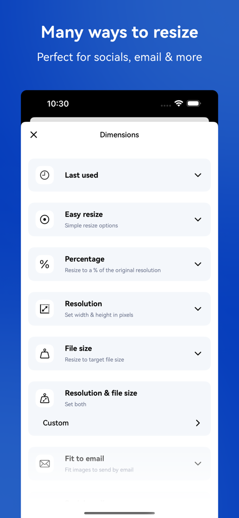 Photo & Picture Resizer - Interfaccia dell'app mobile che mostra diversi metodi di ridimensionamento delle foto, tra cui risoluzione percentuale e opzioni di dimensione del file