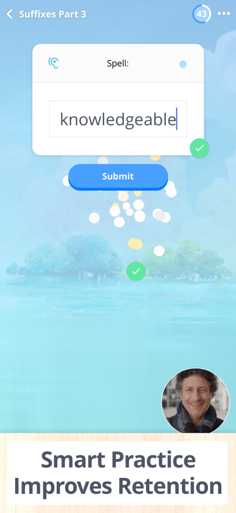 Spelling Ace 4th Grade - Interface of Spelling Ace 4th Grade app showing a spelling practice session for suffixes with the word knowledgeable.