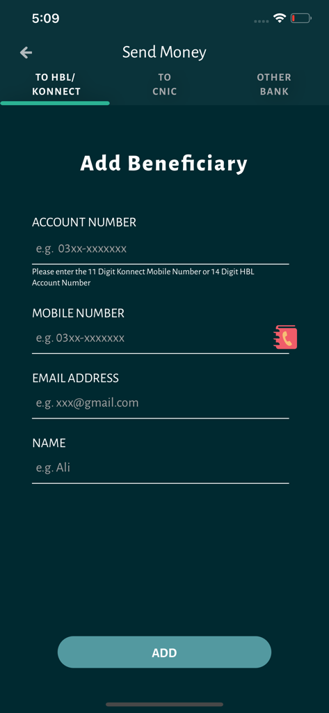Konnect by HBL - Konnect by HBL mobile app screen for adding a money transfer beneficiary