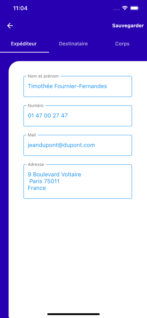Guided form for entering sender contact information in the Motivation letter app