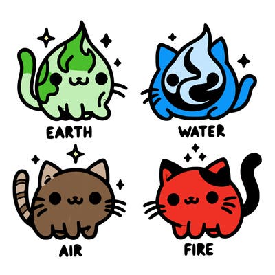 4 cats that represent the different elements, earth, water, air, and fire