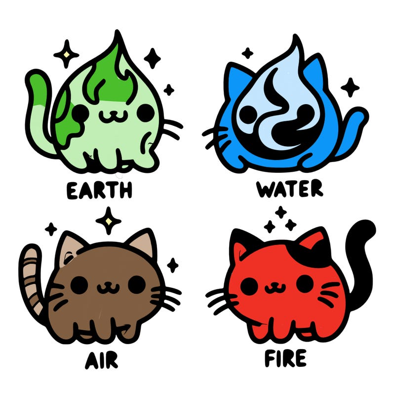 4 cats that represent the different elements, earth, water, air, and fire