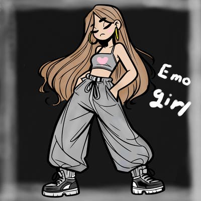 girl in baggy pants crop top and long hair