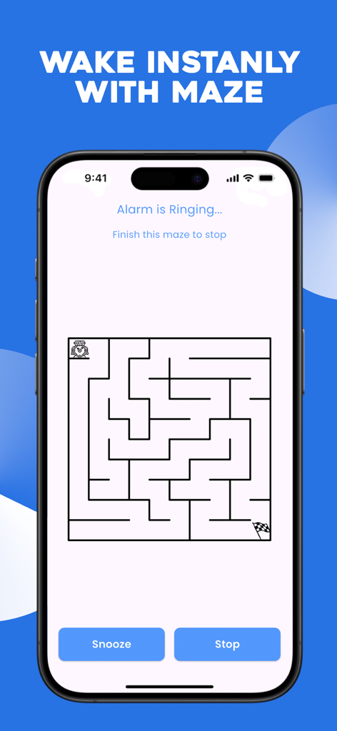 A maze puzzle challenge on the Wake Up app screen used to dismiss a ringing alarm.