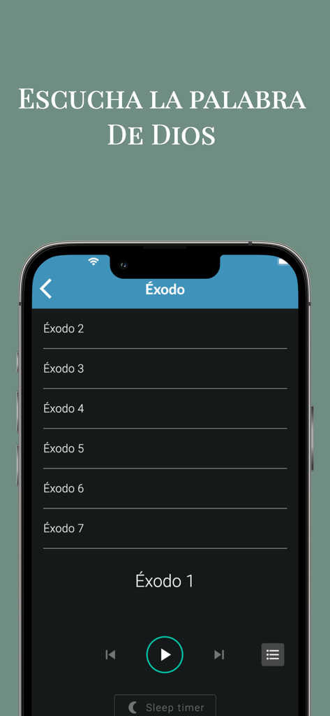 Reina Valera 1960 Santa Biblia audio player interface showing Exodus chapters