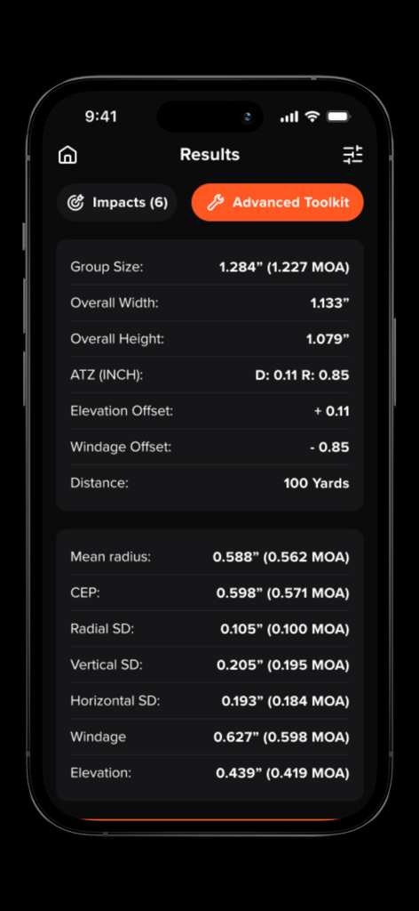 Ballistic X - Results screen of Ballistic X app displaying detailed shot group metrics and MOA data
