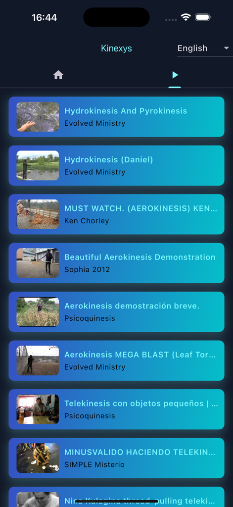 A list of video demonstrations for hydrokinesis aerokinesis and telekinesis in the Kinexys app