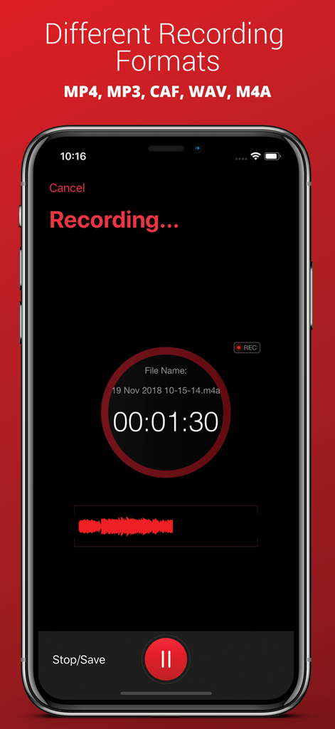Voice Recorder Plus Pro app screenshot showing an active recording interface and a list of supported audio formats like MP3 and WAV