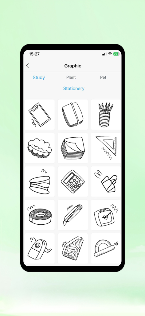 A mobile interface from the Jadens Printer app displaying a collection of black and white stationery graphics including clipboards, pencils, and rulers for custom label design.