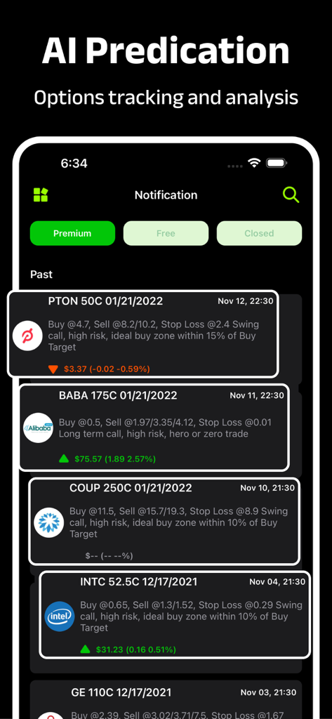 Option Signal Alert - Tela de notificação do aplicativo móvel Option Signal Alert exibindo sinais de negociação de opções previstos por IA