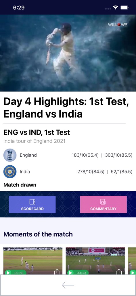 Willow app interface displaying cricket match highlights scorecard and commentary for England versus India