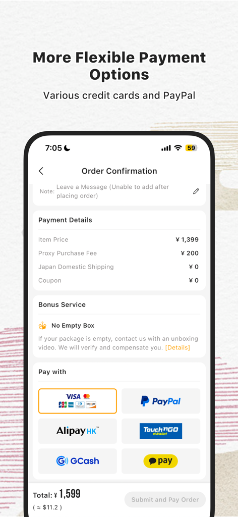 Doorzo – Shop from Japan! - Pantalla de confirmación de pedido de la aplicación Doorzo que muestra varios métodos de pago como PayPal, tarjetas de crédito y billeteras móviles para comprar desde Japón.