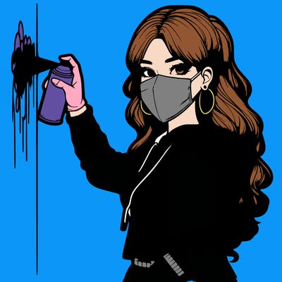 realistic girl with mask spray painting a wall
