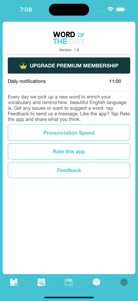 Settings screen of the Word of the Day app with premium upgrade and notification options.