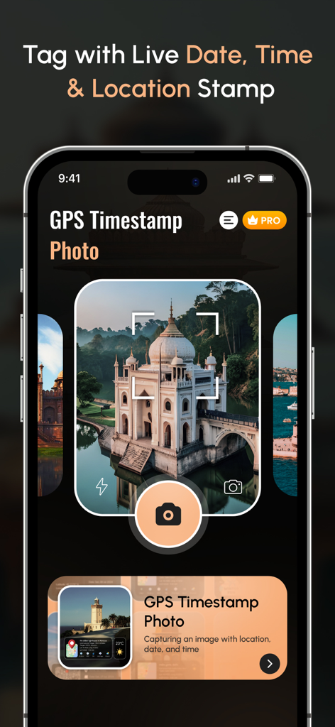 GPS Map Camera Geotag Location - プロフェッショナルな写真文書作成のためのライブ日付時刻と位置情報スタンプ機能を備えたGPSマップカメラアプリのインターフェース