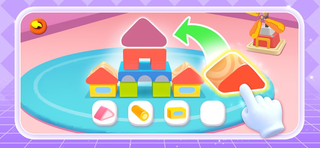 Ein digitales Bausteinspiel, bei dem eine Hand einen bunten Stein zieht, um ein Gebäude fertigzustellen