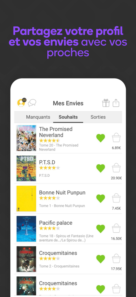 Bubble BD Manga Comics - Bubble app interface showing a user wishlist for manga and comics