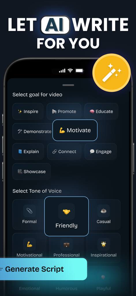 Interfaccia dell'app TeleP per la generazione di script video AI con obiettivi e toni personalizzabili