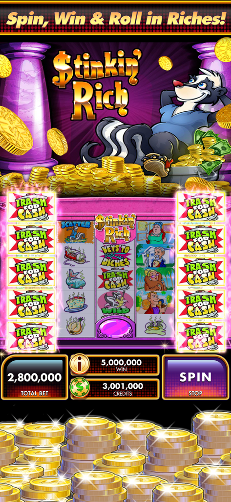 Slots DoubleDown Fort Knox - Pantalla de juego de la máquina tragamonedas Stinkin Rich en DoubleDown Fort Knox con una mofeta de dibujos animados y montones de monedas de oro
