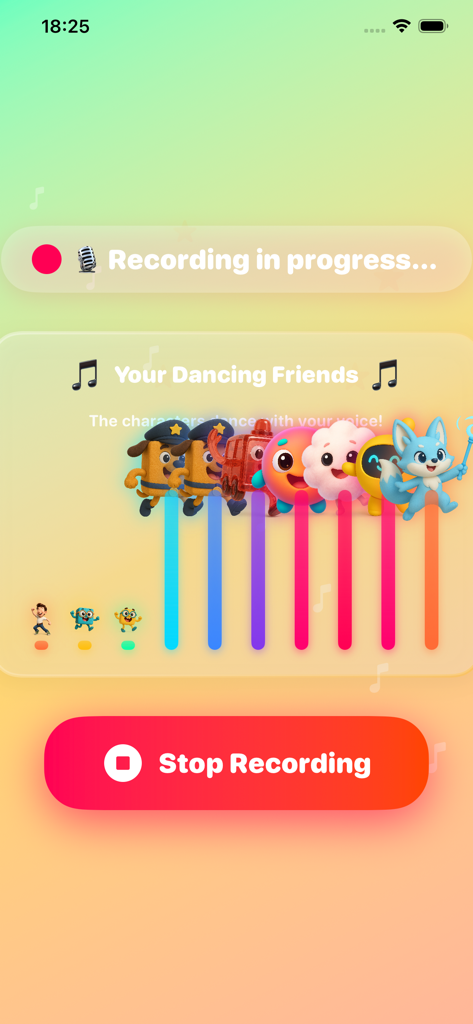 MagicMic: Kids Voice Recorder - MagicMic app interface showing a voice recording in progress with colorful dancing animated characters.